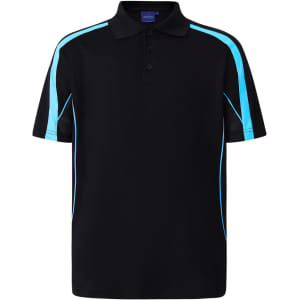 A black polo shirt with blue stripes, featuring a collar and short sleeves, with a logo on the chest.