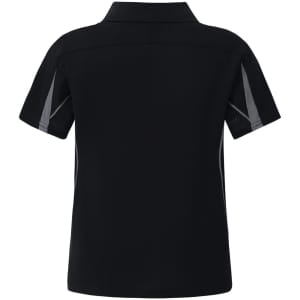 A black polo shirt featuring grey detailing and a logo on the back.
