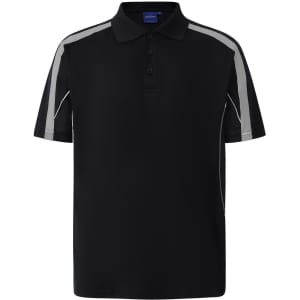 A black short sleeve polo shirt featuring contrasting grey detailing and a logo on the collar.