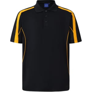 A black polo shirt with yellow side stripes and a logo. Short sleeves and a buttoned collar design.