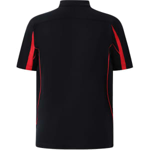 A short sleeve polo shirt in black with red detailing and a logo on the front.