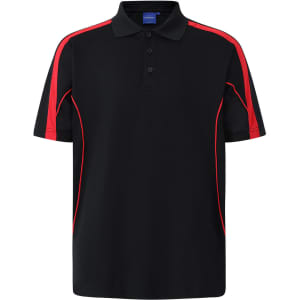 A black polo shirt with red accents and a collar, featuring short sleeves and a logo.