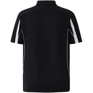 A black polo shirt with white detailing and a logo on the collar. The shirt features a short sleeve design.
