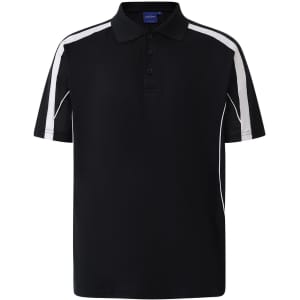 A black polo shirt featuring white side stripes and a collar, with a logo on the chest.