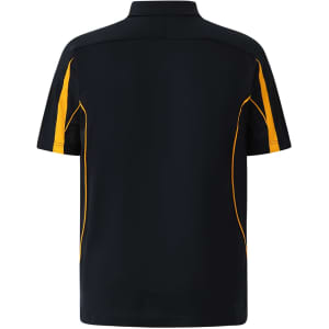 A black polo shirt featuring yellow accents and a logo on the back.