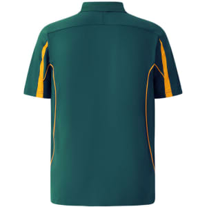 A men's short-sleeve polo shirt in dark green with yellow detailing and a logo on the chest.