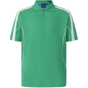 A green polo shirt featuring white accents on the sleeves and a collar. It has a logo on the chest.