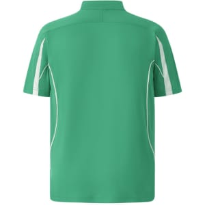 A green men's polo shirt featuring short sleeves and contrasting white piping, with a logo on the back.