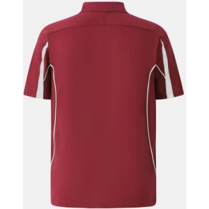 A maroon men's short-sleeve polo shirt featuring white side accents and a logo.