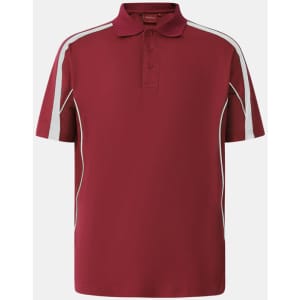 A maroon polo shirt featuring white stripes and a logo. It has a classic collar and short sleeves.