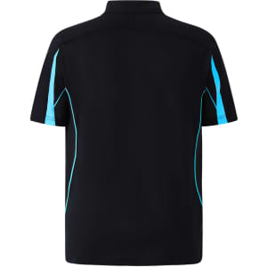 A men's polo shirt featuring a navy blue base with turquoise accents and a collar. Includes a brand logo.