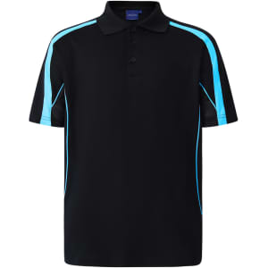 A navy blue polo shirt featuring turquoise accents and a logo on the chest area. Short sleeves and a classic collar.