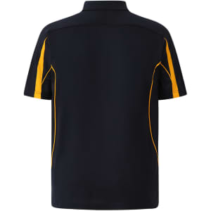 A navy blue polo shirt with yellow accents, featuring a collar and short sleeves. It has a logo on it.