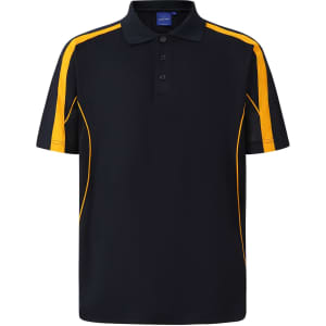 A navy polo shirt featuring yellow accents and a collar, designed with short sleeves and a logo.