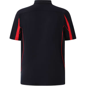 A navy blue polo shirt with red accents and a logo on the back. Short sleeves and a sporty design.