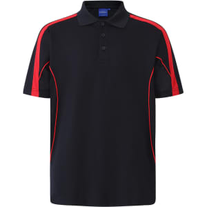 A navy and red men's polo shirt featuring short sleeves and a logo.