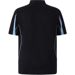 A black short sleeve polo shirt featuring contrasting white accents and a logo on the back.