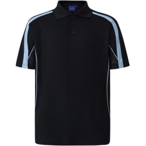 A navy blue polo shirt with light blue accents and a collar, featuring buttons and a logo.