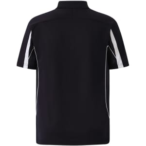 A navy polo shirt featuring a collar and white side accents. Includes a branding logo on the back.