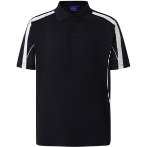 A navy polo shirt with white accents and a logo. It features a classic collar and short sleeves.