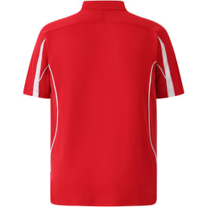 A red polo shirt with white detailing and a logo on the back. Designed for a casual, stylish look.