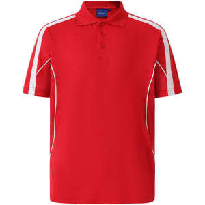 A red polo shirt with short sleeves, featuring white side stripes and a logo on the chest.