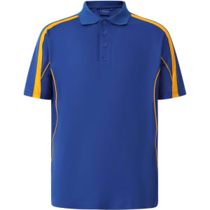 A short sleeve polo shirt in blue with orange stripe accents, featuring a collar and logo.