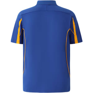 A blue polo shirt with yellow accents and a logo on the back, featuring a classic collar and short sleeves.