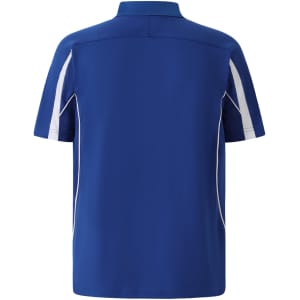 A blue polo shirt featuring white accents and a logo on the back. Short sleeves complete the sporty look.