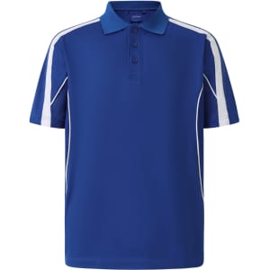 A blue polo shirt featuring white detailing and a logo, designed with a short sleeve style.