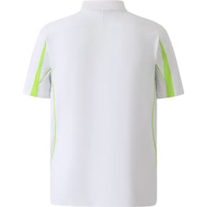 A white polo shirt with lime green accents and a logo, featuring short sleeves and a collar.