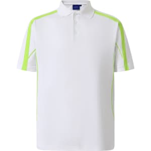 A white polo shirt with light green details and a logo on the chest. Short sleeves and classic collar design.