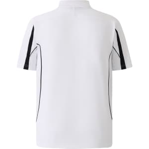 A white short sleeve polo shirt featuring navy detailing and a logo. The back displays a sporty design.