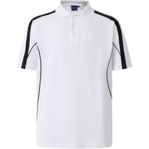 A white short sleeve polo shirt with navy blue side stripes and a logo on the chest.
