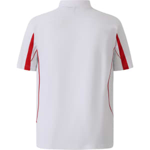 A white polo shirt with red accents, featuring short sleeves and a back view. It has a logo on the upper back.