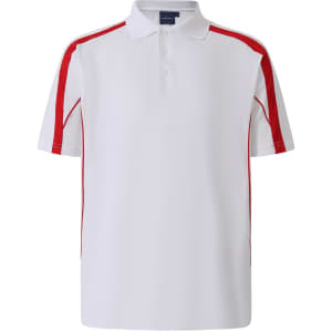 A white polo shirt with red accents and a collar, featuring a logo on the chest.