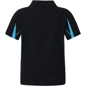 A black polo shirt with blue side accents, featuring a collar and short sleeves. It has a branding logo.