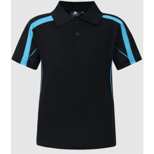 A black polo shirt with blue side stripes, featuring a collar and buttons, and a logo on the chest.