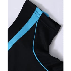 A black polo shirt with a blue trim featured along the collar and shoulder seam. The shirt has a logo on it.