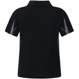 A black polo shirt for kids with grey side panels and a collar, featuring a logo on the back.