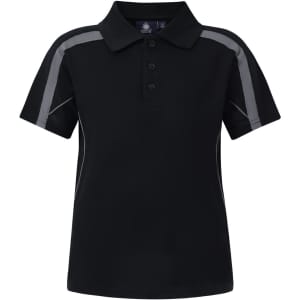 A black kids' polo shirt featuring grey accents and a collar, with a logo on the chest area.