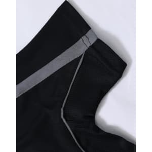 A black polo shirt with grey detailing on the collar and sleeves, featuring a logo.