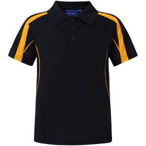 A black kids' polo shirt with yellow accents, featuring a collar and buttons, and includes a logo.