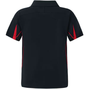 A navy blue kids' polo shirt featuring red accents and a logo, designed in a short sleeve style.