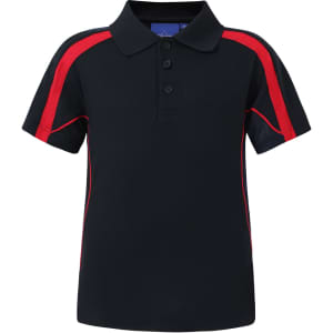 A kids' short-sleeve polo shirt in navy blue with red accents and a branded logo.