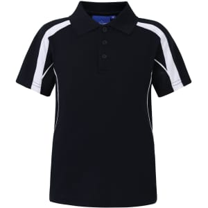 A black kids' polo shirt with white accents and a collar, featuring a logo on the front.
