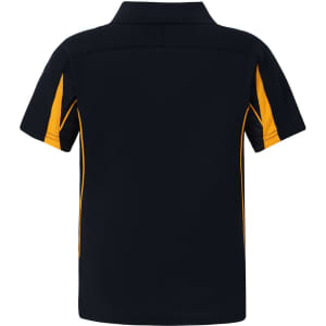 A navy blue polo shirt with yellow accents, featuring a collar and short sleeves. It has a logo on it.