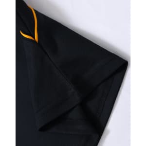 A black polo shirt with orange detailing on the collar and sleeves, featuring a logo.