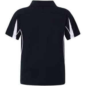 A navy polo shirt with white detailing, featuring a collar and short sleeves, and a logo on the back.