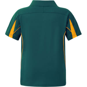 A kids' short-sleeve polo shirt in green with yellow accents and a logo. The back view is displayed.